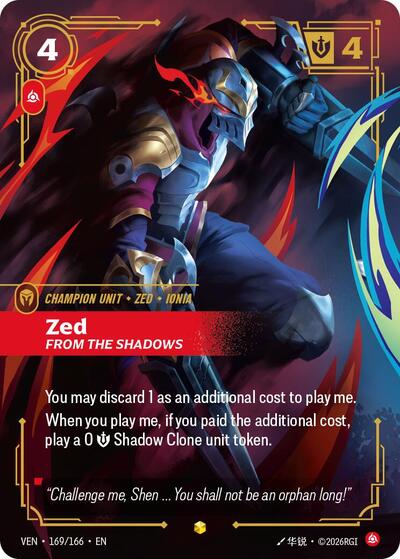 Zed, From the Shadows (Overnumbered) - Vendetta Riftbound spoiler