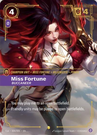 Miss Fortune, Buccaneer (T1 Worlds Champion Player Bundle) - T1 2025 Worlds Champion Bundles Riftbound spoiler